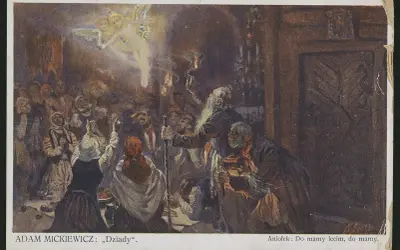 Konrad w "Dziadach" widzi aniołka niosącego duszę do mamy. Tłum ludzi patrzy z nadzieją.