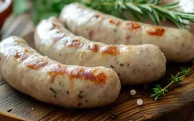 Soczyste, grillowane kiełbaski na drewnianej desce. Idealne do podania, gdy zastanawiasz się, w jakiej temperaturze parzyć kiełbasę po wędzeniu.