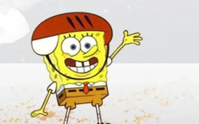 SpongeBob Kanciastoporty w kasku, macha ręką. Jedna z ulubionych spongebob postacie, gotowa na przygodę!