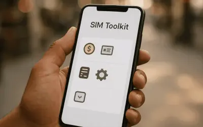 Dłoń trzyma smartfon z aplikacją SIM Toolkit. Ikony symbolizują finanse, wiadomości, ustawienia i inne funkcje.
