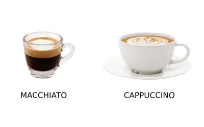 Macchiato i en liten glasbehållare bredvid en cappuccino i en vit kopp.