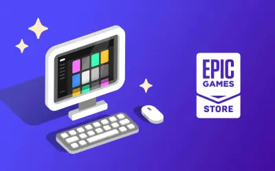 Ilustracja komputera z logo Epic Games Store i kolorowymi ikonami gier.