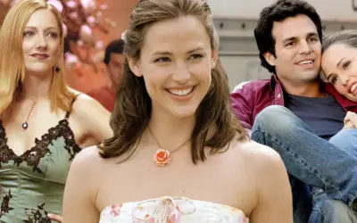 Jennifer Garner ler i en blommig klänning, bredvid Mark Ruffalo. En annan kvinna syns till vänster. Rollistan i 13 snart 30.