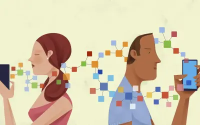 Zwei Personen, die auf ihre Handys schauen, sind durch bunte Quadrate verbunden, die die Vernetzung in den sozialen Medien symbolisieren.