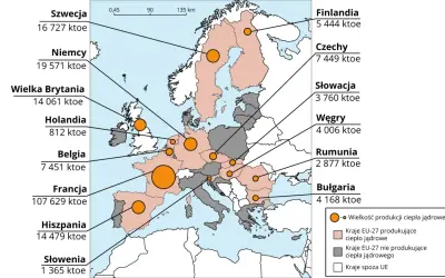 Mapa Europy z zaznaczonymi elektrowniami jądrowymi i ich produkcją. Francja liderem, Polska poza UE.