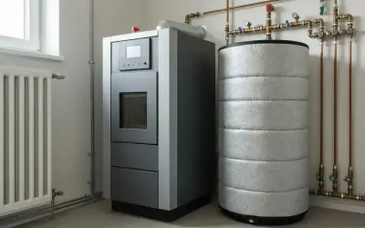 Nowoczesny bufor do pieca na pellet, obok zasobnika ciepłej wody, z instalacją grzewczą i grzejnikiem.