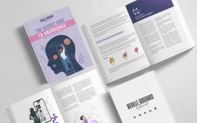 Un livre InDesign sur le code secret de l'abondance de Neville Goddard. Une femme grimpe une échelle vers la tête d'une silhouette.