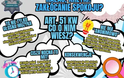 Plakat informuje o zakłócaniu spokoju, nie tylko głośną muzyką. Przypomina, że cisza nocna to mit, a konsekwencje mogą być surowe.