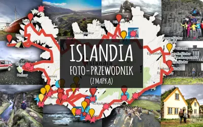 Islandia: mapa z trasą zwiedzania, od wraku statku po gorące źródła. W tle Reykjavik i malownicze krajobrazy.