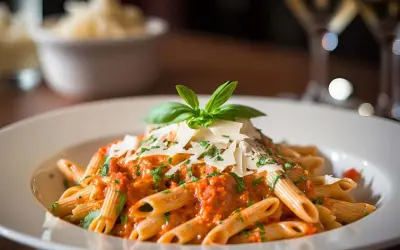 En tallrik penne med krämig tomatsås, toppad med parmesan och basilika. Perfekt till ett glas vin till vodkapasta.