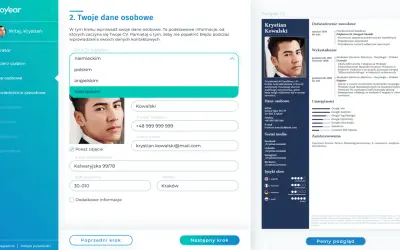 Krystian Kowalski tworzy swoje CV po niemiecku, wpisując dane osobowe i wybierając język.