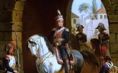 Jazda polska w historycznym malarstwie, przypominająca czasy, kiedy powstał hymn polski.