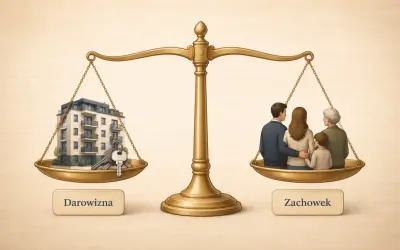 Waga szalkowa symbolizuje rozważania o darowiźnie i zachowku. Na jednej szalce budynek z kluczami, na drugiej rodzina.