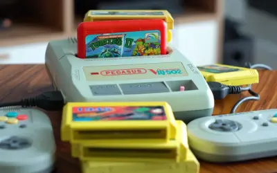 Konsola Pegasus IQ-502 z włożoną grą Teenage Mutant Ninja Turtles II i kilkoma żółtymi kartridżami oraz dwoma szarymi kontrolerami.