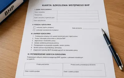 Karta szkolenia wstępnego BHP z polami do wypełnienia przez pracownika i prowadzącego. Dokument zawiera sekcje dotyczące danych pracownika, rodzaju szkolenia, zakresu tematycznego oraz potwierdzenia odbycia.