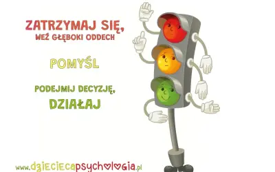 Sygnalizacja świetlna z rękami i nogami, z twarzami na światłach. Tekst: "Zatrzymaj się, weź głęboki oddech, pomyśl, podejmij decyzję, działaj". Unikaj dehumanizacji, myśl!