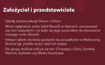 Zenon z Kition założył szkołę stoicką. W przeciwieństwie do epikureizmu, stoicyzm skupiał się na cnocie i rozumie.