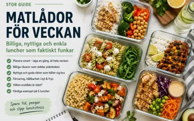Matlådor för veckan: billiga, nyttiga och enkla luncher som sparar tid och pengar. Fem färdiga exempel på goda och hållbara måltider.