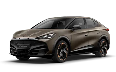 Brązowy Cupra Tavascan z miedzianymi akcentami na felgach i karoserii. Nowoczesny design SUV-a coupe.