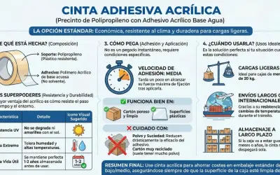 Cinta adhesiva acrílica, con adhesivo elástico, ideal para cargas ligeras, envíos y almacenaje a largo plazo.