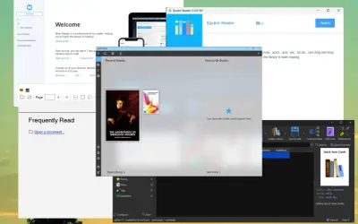 Interface d'un lecteur ePub pour Windows 10, montrant des livres récents et des favoris.