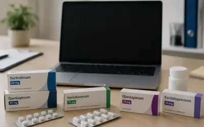 Na biurku leżą leki: Sertralinum, Quetiapinum, Venlafaxinum, Olanzapinum i Escitalopramum. Obok laptopa i białej buteleczki.