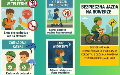 Bezpieczna jazda na rowerze: nie patrz w telefon, zakładaj kask, bądź widoczny. Szanuj pieszych, wybierz drogę rowerową.
