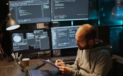 Mężczyzna pochyla się nad notatkami, otoczony ekranami z kodem. Intensywne programowanie studia w nocnej atmosferze.