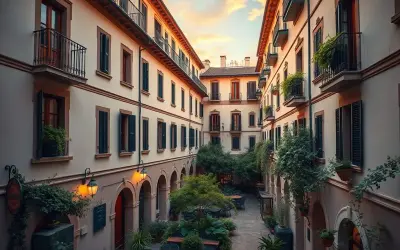 Cortile interno con case di ringhiera, balconi fioriti e tavolini all'aperto. Un'atmosfera serale accogliente.
