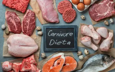 Różnorodne mięsa i ryby, jajka, kości. Tabliczka z napisem "Carnivore Dieta" sugeruje, że to składniki diety mięsożercy.