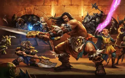 Helden kämpfen gegen Monster. Die Helden sind ein Barbar, ein Zwerg, eine Elfe und ein Magier. Die Monster sind Orks, Skelette und ein Ritter. Die Szene erinnert an die HeroQuest Erweiterungen Reihenfolge.