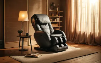 En lyxig svart massagefåtölj står på en matta i ett rum med varm belysning. Bredvid finns ett litet bord med en lampa och en bok.