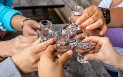 Grupa osób wznosi toast kieliszkami. Pamiętajmy, że alkohol obciąża nerki.