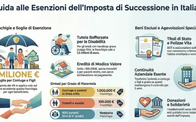 Guida alle esenzioni dell'imposta di successione in Italia: franchigie per coniugi/figli (1 milione €), disabili, eredità di modico valore e parentela.
