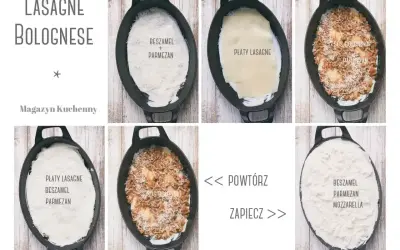 Kolaż zdjęć pokazujący etapy przygotowania lasagne: warstwy sosu, makaronu i sera w naczyniu.