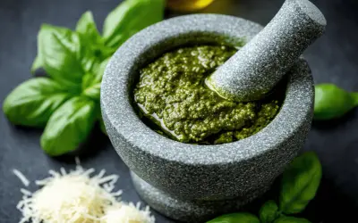 Mortier en pierre rempli de pesto maison, avec du basilic frais et du parmesan râpé à proximité.