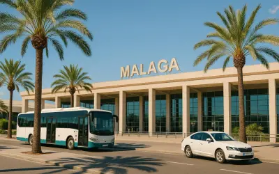 Autobus i biały samochód przed budynkiem lotniska Malaga. Idealne miejsce na rozpoczęcie podróży, tanie malaga loty czekają!