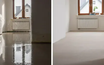 Dwie sceny: mokra wylewka samopoziomująca i sucha, gotowa pod panele.