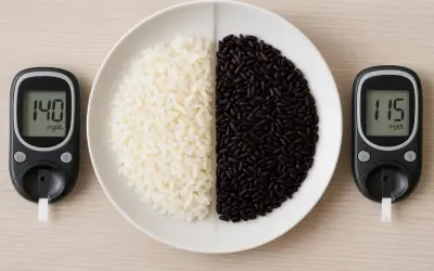 Piatto diviso: riso bianco e riso nero, con glucometri che mostrano valori diversi. Riso basmati e glicemia: un confronto visivo.