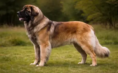 Ein majestätischer Leonberger steht auf einer grünen Wiese. Sein sanftes Leonberger Temperament spiegelt sich in seiner ruhigen Haltung wider.