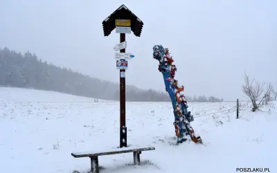 Zimowy krajobraz z ławką i drogowskazem turystycznym. Obok kolorowa rzeźba, być może symbolizująca skopiec szczyt.