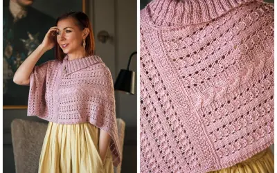 Mujer sonriente luce un elegante poncho a dos agujas en tono rosa pálido, con intrincados puntos calados y trenzas.