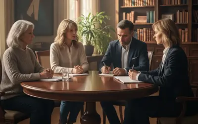 Rodzina przy okrągłym stole z notariuszem. Czy u notariusza muszą być wszyscy spadkobiercy? Rozmowa o spadku.
