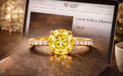 Złoty pierścionek z olśniewającym, żółtym diamentem i brylantami. Na ekranie laptopa widnieje napis "Loose Yellow Diamond".