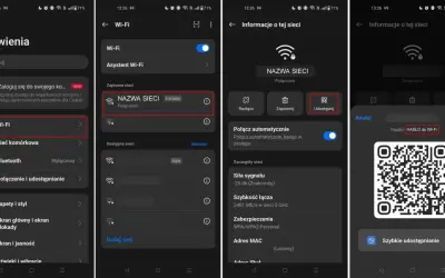 Telefon wyświetla hasło do sieci Wi-Fi w formie kodu QR, stanowiąc klucz zabezpieczeń sieciowych w telefonie.