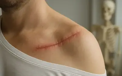 Świeża blizna po operacji na obojczyku, świadectwo leczenia stłuczenia barku i ramienia. W tle szkielet.