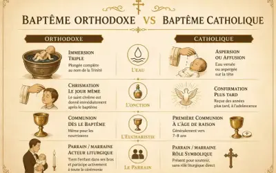 Comparaison des rites du baptême orthodoxe et catholique. Un témoin de baptême est présent dans les deux traditions.