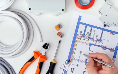 Rysunek techniczny instalacji elektrycznej, zgodny z normą PN-HD 60364-6, z materiałami i narzędziami.