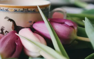 Kubek z pawiem i różowe tulipany.