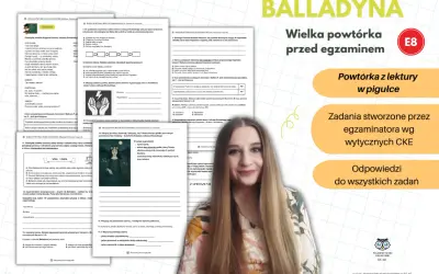 Dziewczyna z zeszytami i materiałami do powtórki przed egzaminem ósmoklasisty z lektury "Balladyna".
